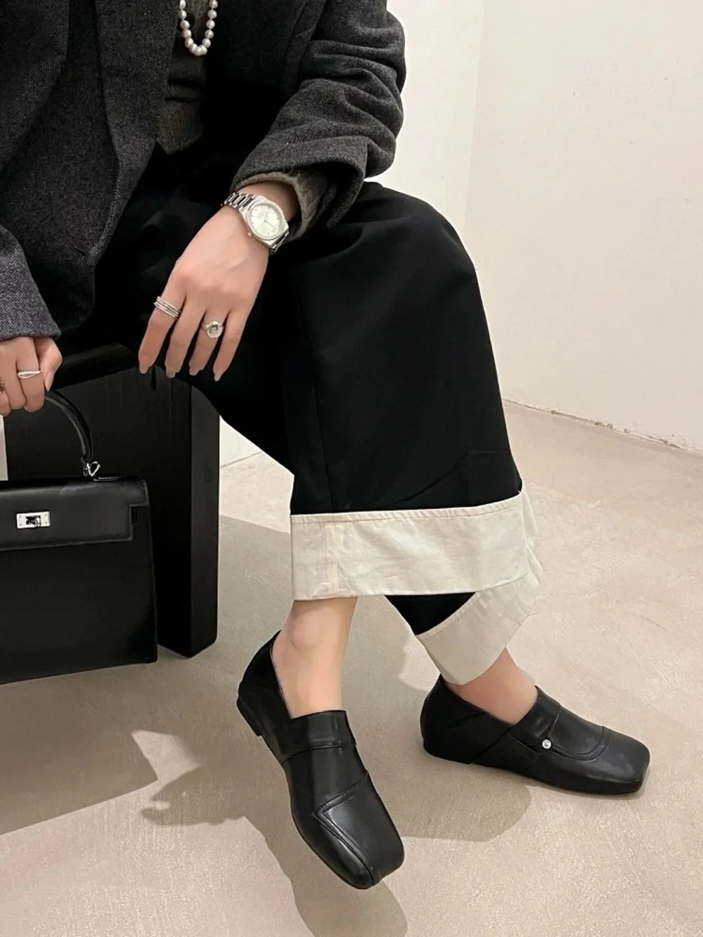 Black Square-Toe Slip-On Leather Loafers - Picture 5 of 8